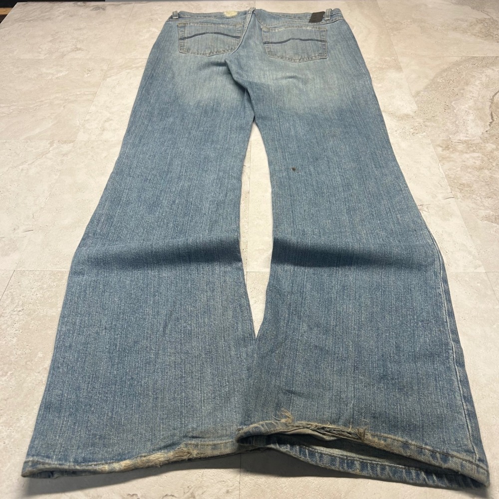 X2 Denim Laboratory Flare Leg Jeans Light Wash Blue Womens 6 Long Distressed Y2K